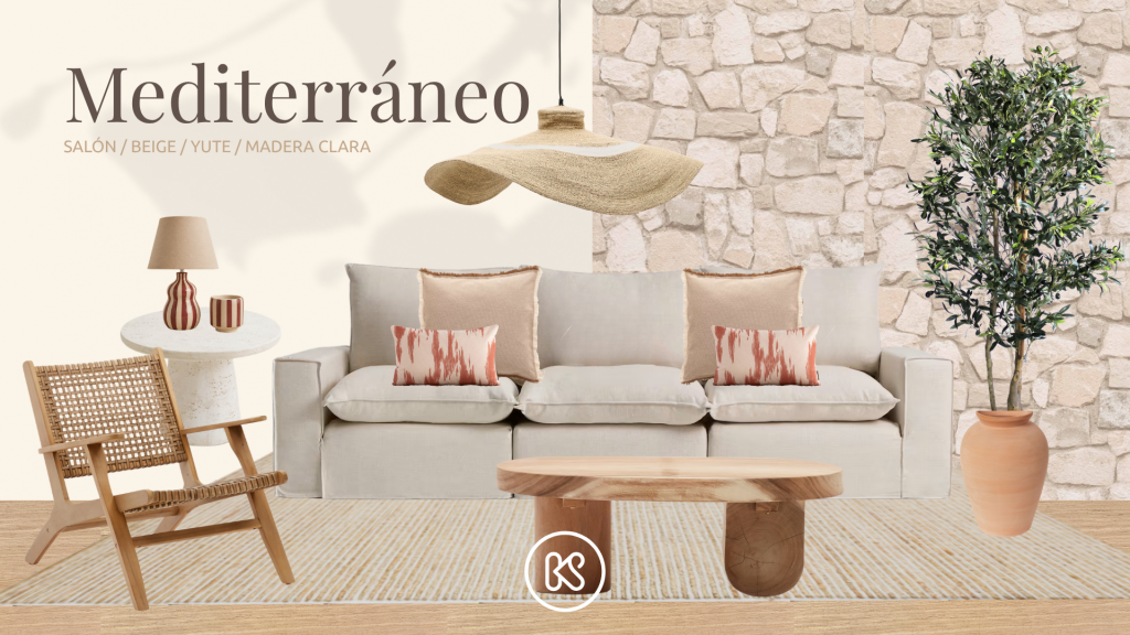 Moodboard de Salón con estilo mediterráneo, paleta en tonos beige, materiales artesanales y madera clara.