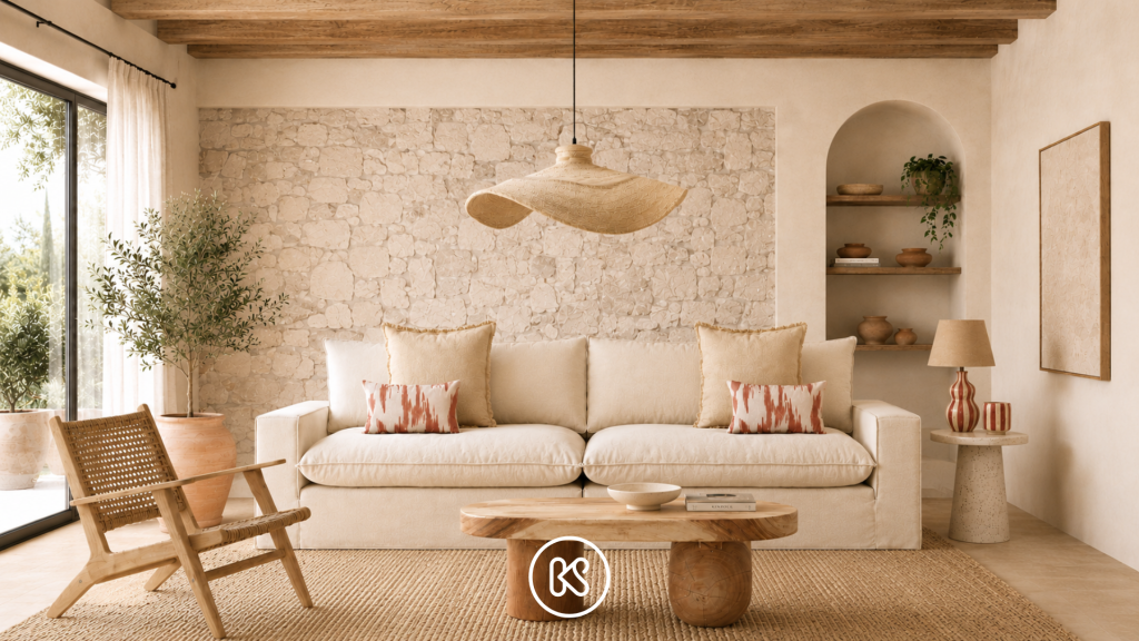 Salón con estilo mediterráneo, paleta en tonos beige, materiales artesanales y madera clara.